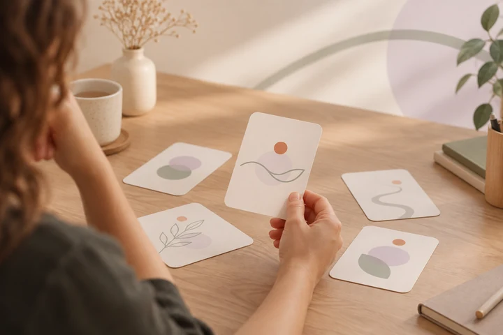 Composició de cartes terapèutiques sobre una taula en un espai càlid